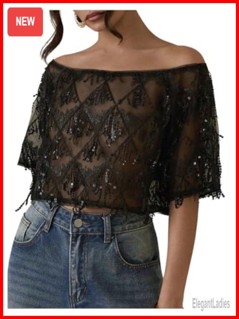 Sheer Sequin Off Shoulder Crop Top
